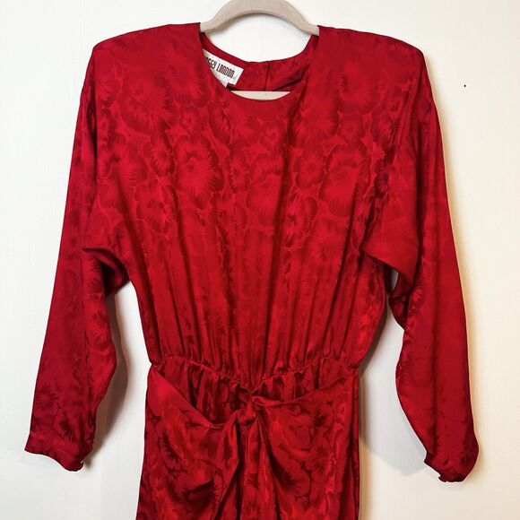 Vintage Maggy London Red Silk Floral Dress 90s Tie Front Sz 10 - Picture 2 of 11